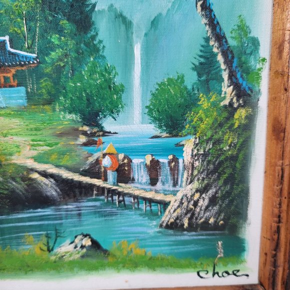 2 Vintage MCM China Scene Oil Paintings ~ One Signed Choe ~ Carved Wood - Picture 6 of 8